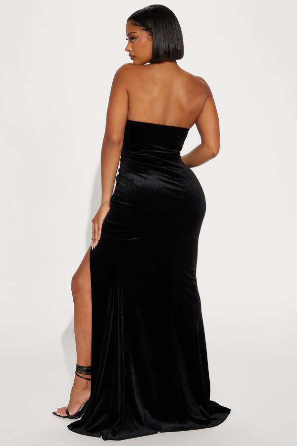 Black Fashion Nova Mildred Velvet Maxi Women Dress USA | 920573GAQ