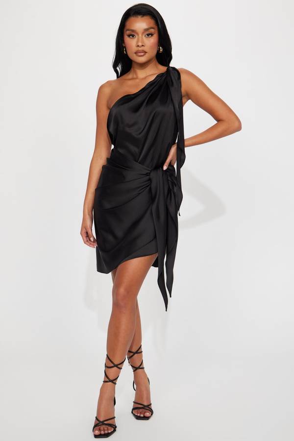 Black Fashion Nova Mykonos Life Satin Mini Women Dress USA | 843915AVF