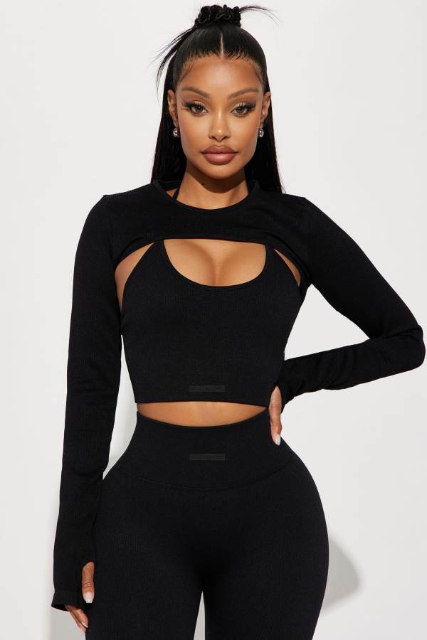 Black Fashion Nova Namaste Seamless 2 Piece Bolero Active Top Women Tops USA | 239584FSK