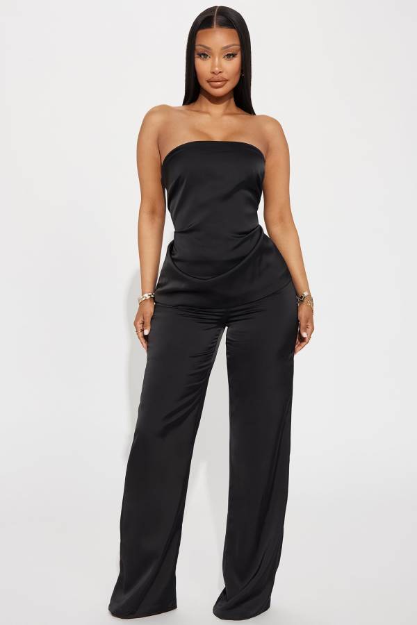 Black Fashion Nova Natasha Satin Pant Set Women Pants USA | 758630URK