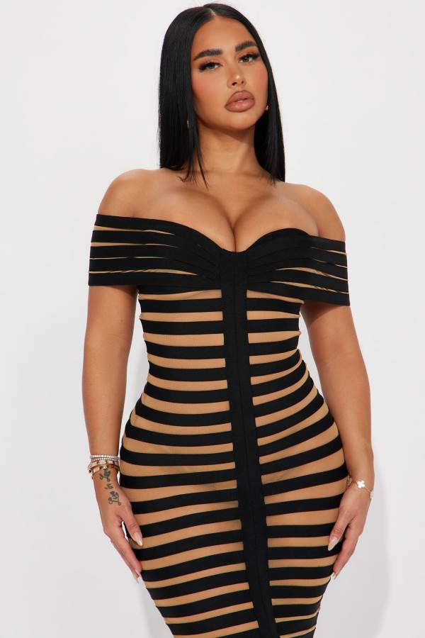 Black Fashion Nova Navaeh Bandage Midi Women Dress USA | 608395PCQ