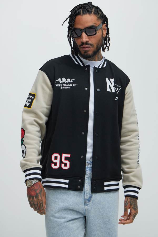 Black Fashion Nova New York Circle Varsity Men Jacket USA | 683450YTF