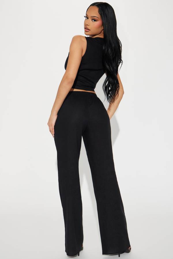 Black Fashion Nova Perfect Vacay Linen Pant Set Women Pants USA | 402168MJA