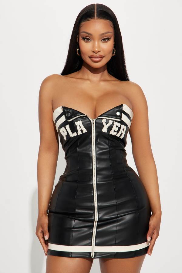 Black Fashion Nova Player Faux Leather Mini Women Dress USA | 031579LOP