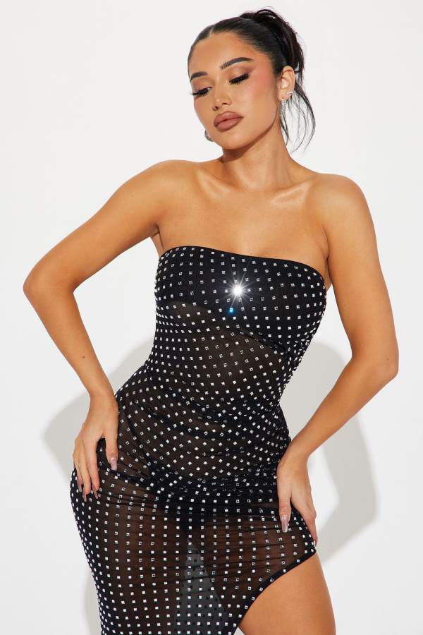 Black Fashion Nova Rhinestone Mesh Maxi Women Dress USA | 570936MYZ