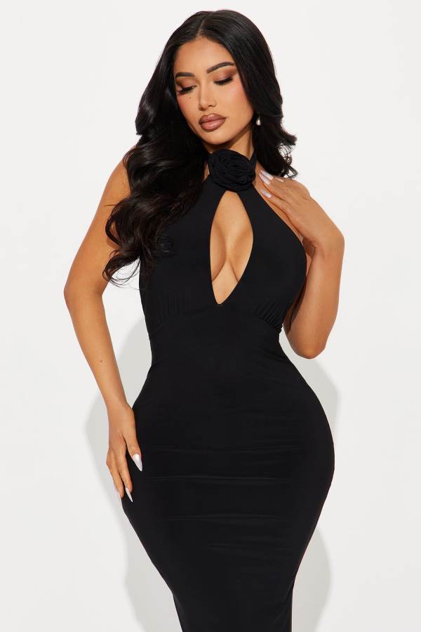 Black Fashion Nova Rosette Halter Maxi Women Dress USA | 627481ADK