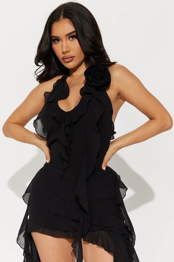 Black Fashion Nova Ruffles and Roses Midi Women Dress USA | 152738ZDU