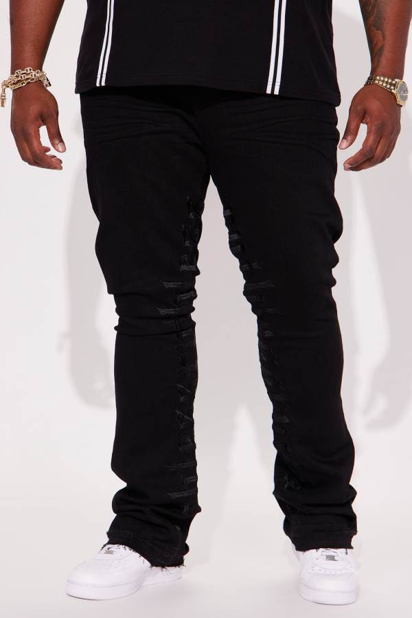 Black Fashion Nova Ruthless Embroidered Stacked Skinny Flare Men Jeans USA | 367089ABG