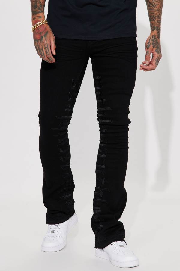 Black Fashion Nova Ruthless Embroidered Stacked Skinny Flare Men Jeans USA | 367089ABG