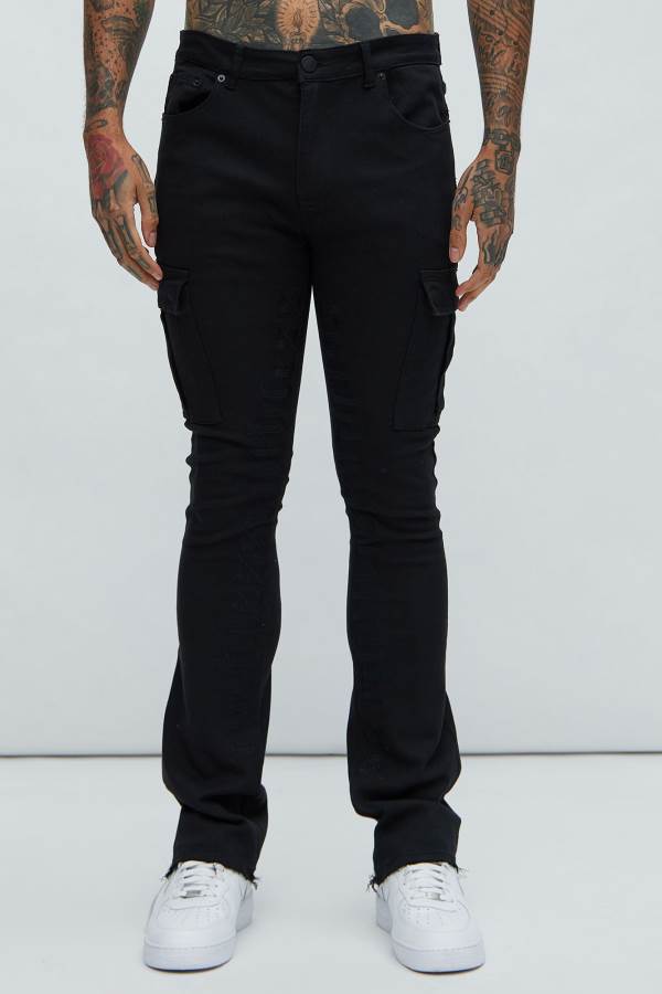 Black Fashion Nova Ruthless Embroidered Stacked Skinny Cargo Flare Men Jeans USA | 289713NJG