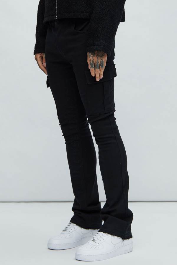 Black Fashion Nova Ruthless Embroidered Stacked Skinny Cargo Flare Men Jeans USA | 289713NJG