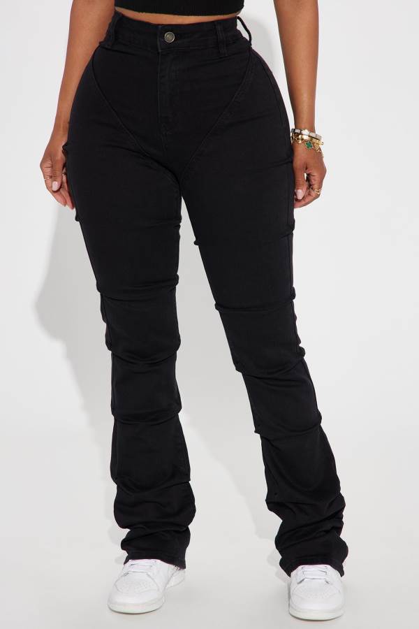 Black Fashion Nova See Me High Rise Stacked Straight Leg Women Jeans USA | 068279ILG