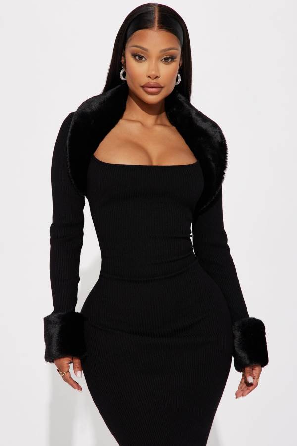 Black Fashion Nova Shilah Faux Fur Sweater Midi Women Dress USA | 450983MWS