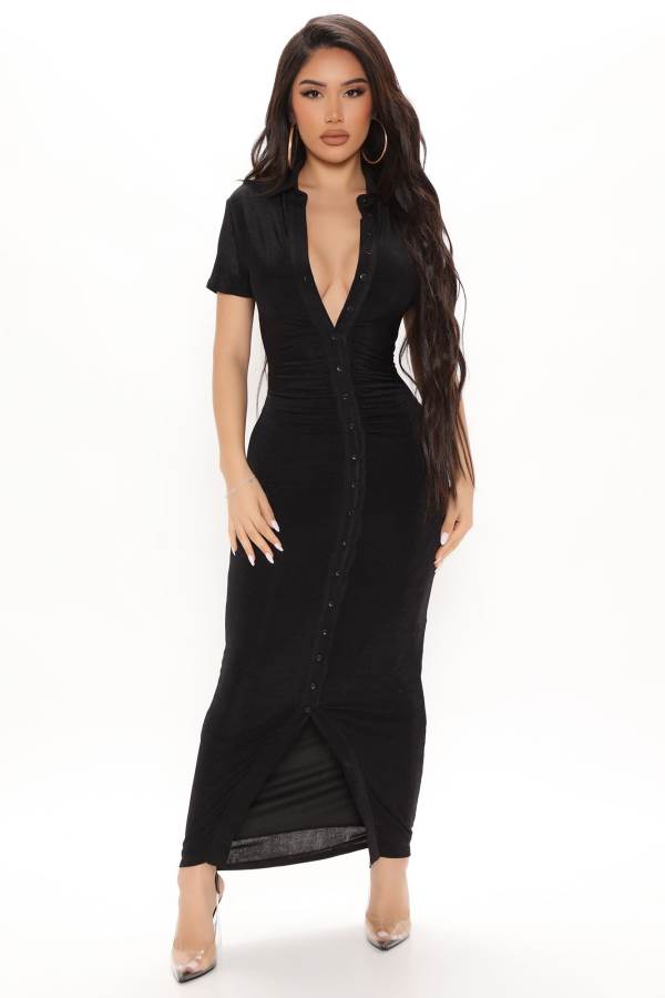 Black Fashion Nova Silky Smooth Slinky Maxi Women Dress USA | 809642CDW