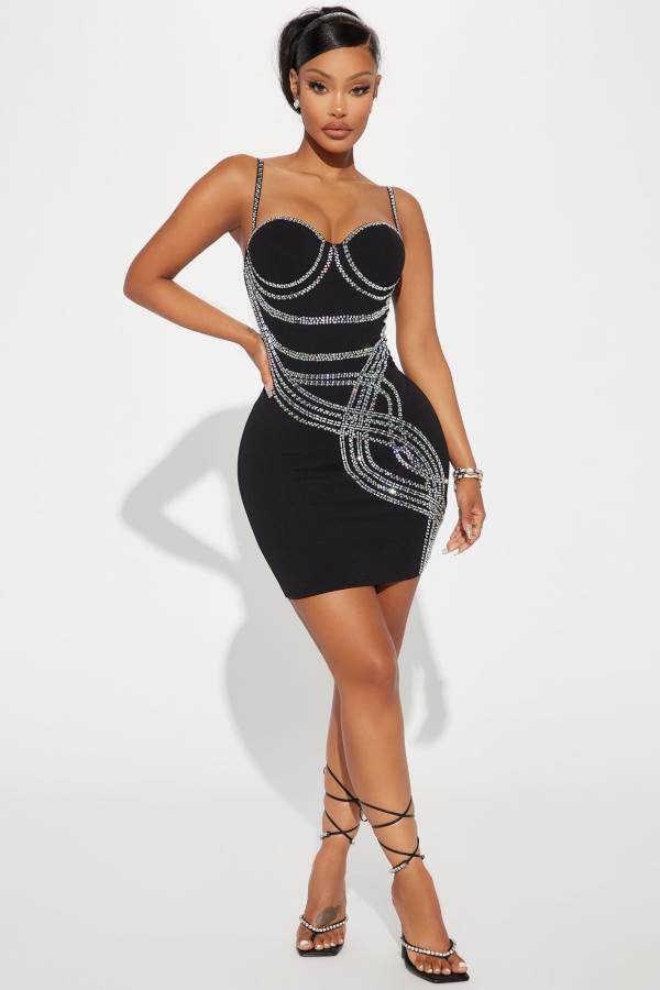 Black Fashion Nova So Tempting Embellished Mini Women Dress USA | 962340BLD