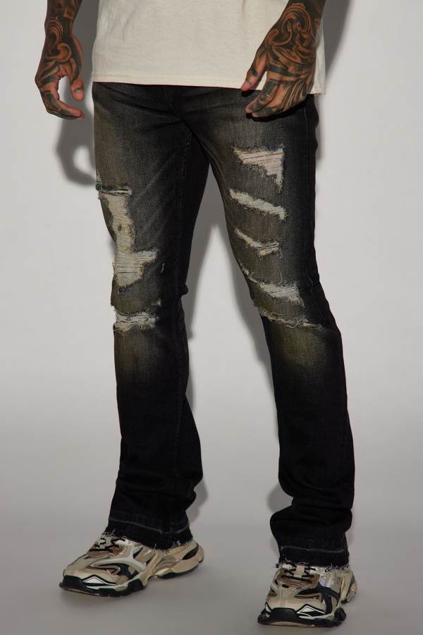 Black Fashion Nova Take No Advice Distressed Stacked Skinny Flare Men Jeans USA | 923068XQG