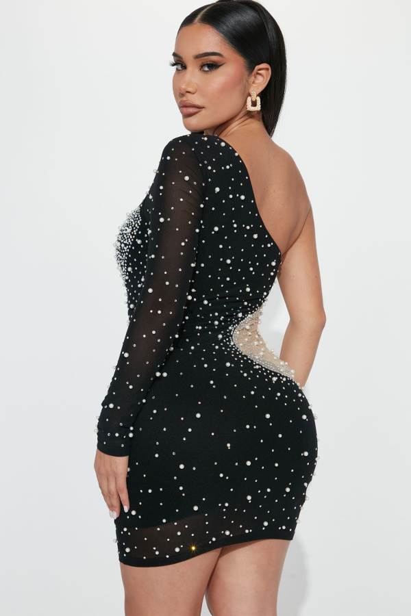 Black Fashion Nova Tanya Embellished Mini Women Dress USA | 329845DHJ