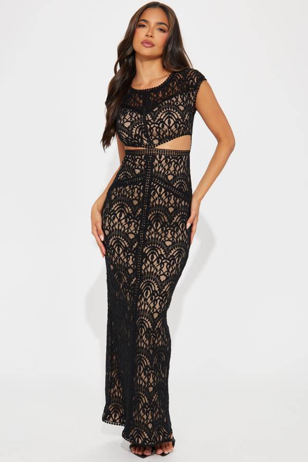 Black Fashion Nova Valeria Lace Maxi Women Dress USA | 068293EIM