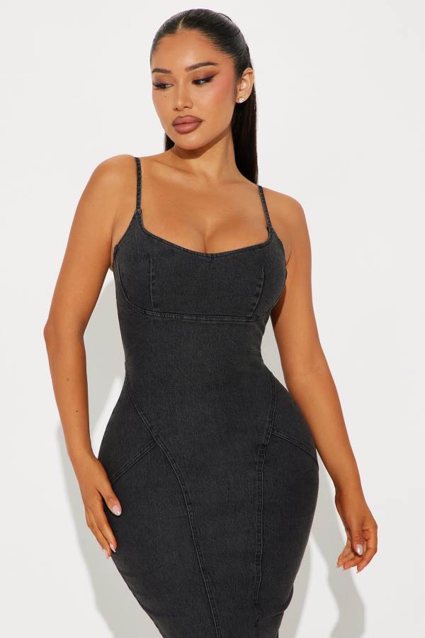 Black Wash Fashion Nova Darlina Denim Ruffle Midi Women Dress USA | 362859CGB