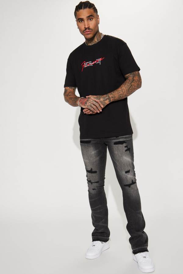 Black Wash Fashion Nova Got Me Good Ripped Stacked Skinny Flare Men Jeans USA | 409825LAF