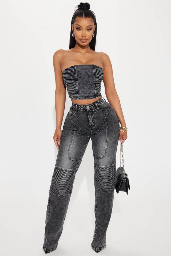 Black Wash Fashion Nova Have It My Way Moto Stretch Straight Leg Women Jeans USA | 832796HKB