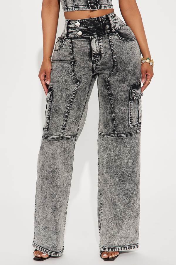 Black Wash Fashion Nova Making Claims Stretch Cargo Straight Leg Women Jeans USA | 031978JGX