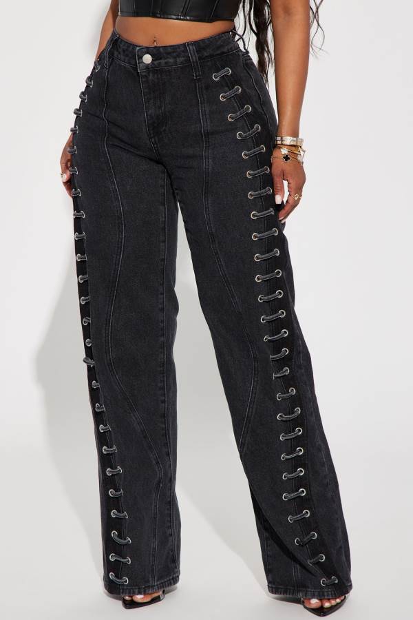 Black Wash Fashion Nova Mind Games Lace Up Non Stretch Straight Leg Women Jeans USA | 306284EGM