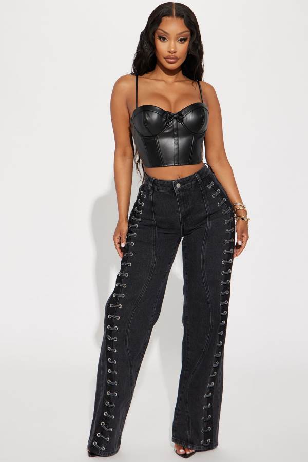 Black Wash Fashion Nova Mind Games Lace Up Non Stretch Straight Leg Women Jeans USA | 306284EGM