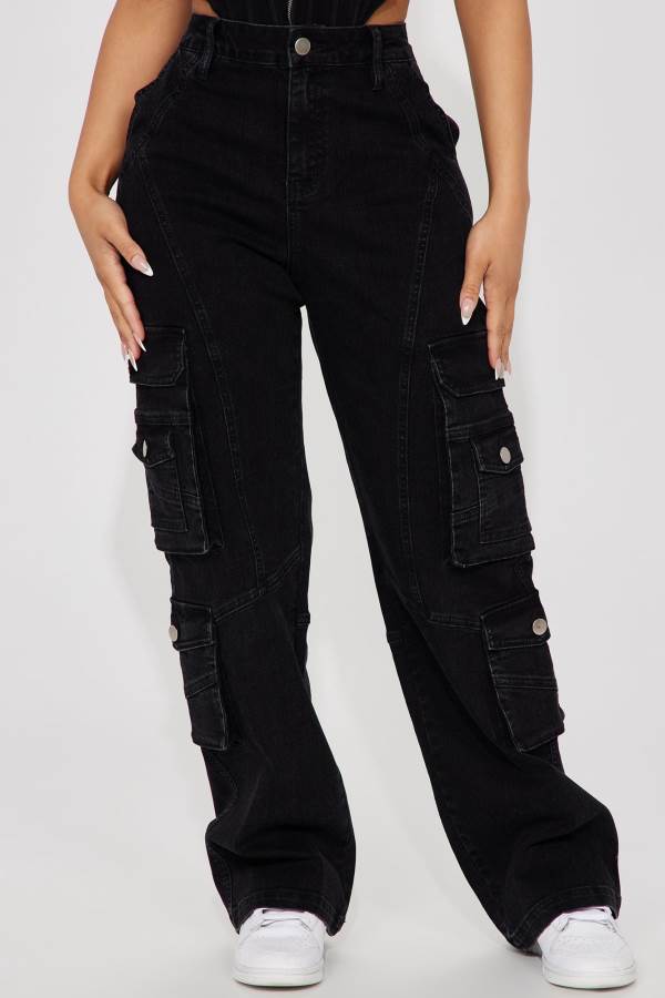 Black Wash Fashion Nova Petite Mulholland Drive 90's Cargo Straight Leg Women Jeans USA | 786190ULN