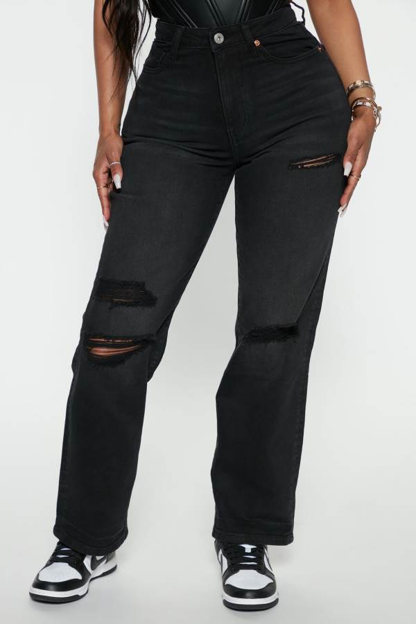 Black Wash Fashion Nova Play Back Ripped Straight Leg Women Jeans USA | 712689FLI