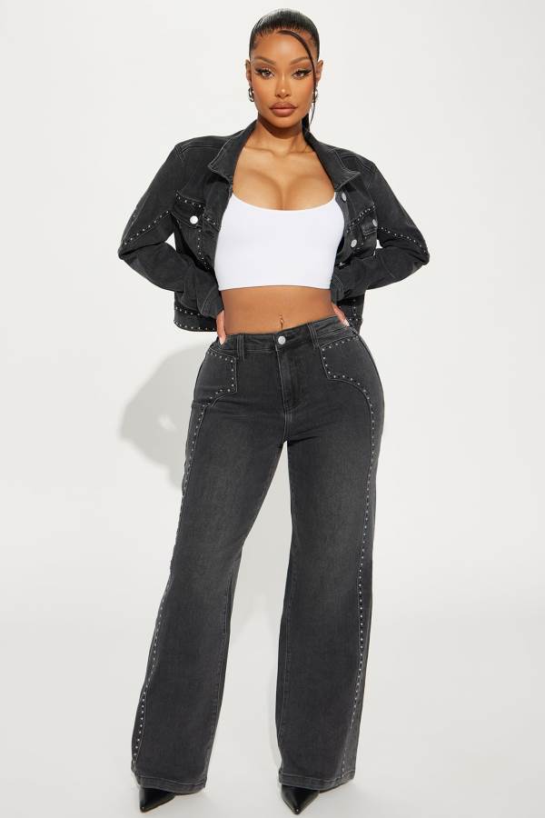 Black Wash Fashion Nova Striking Conversation Embellished Straight Leg Women Jeans USA | 620837SRT