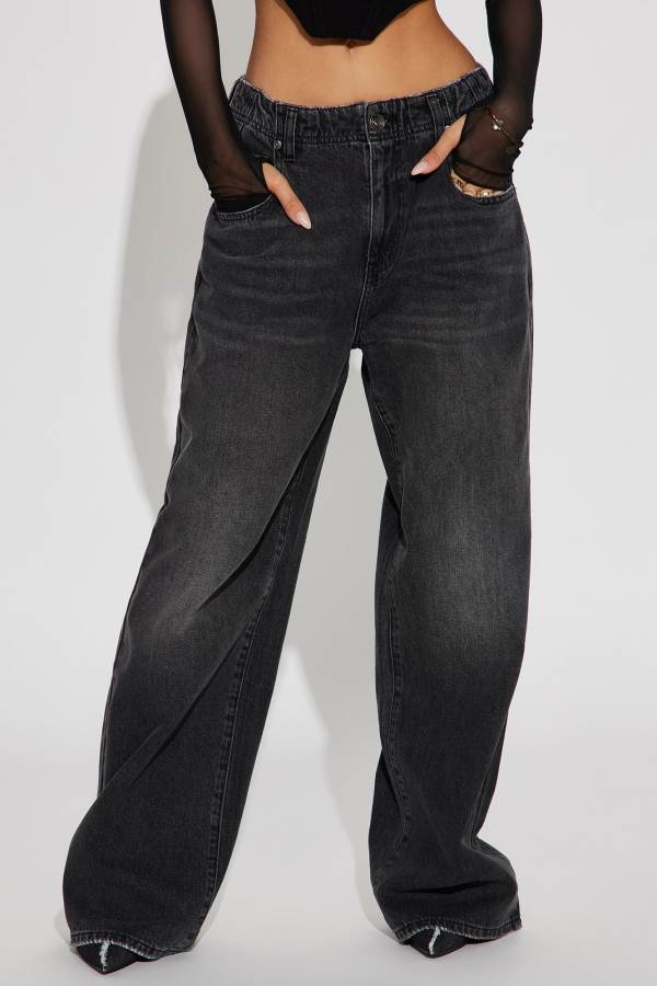 Black Wash Fashion Nova The West End Drop Waist Baggy Women Jeans USA | 028376MIQ