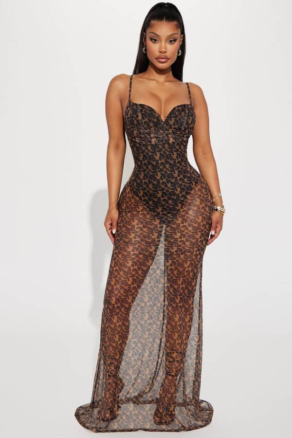 Black / Brown Fashion Nova Wild Thing Mesh Maxi Women Dress USA | 482531GAU