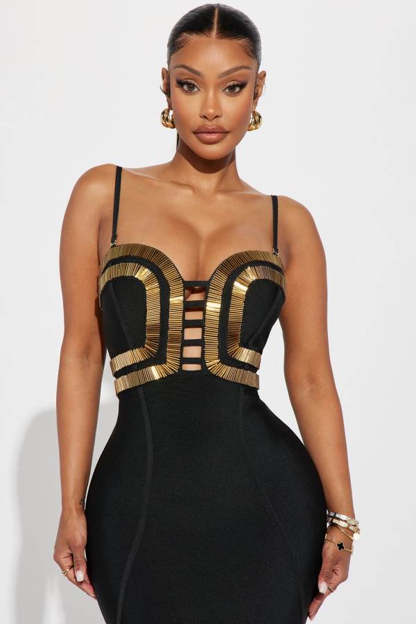 Black / Gold Fashion Nova A Fine Time Bandage Midi Women Dress USA | 061483ZTR