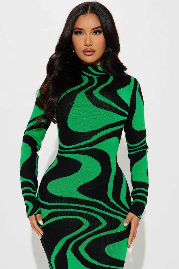 Black / Green Fashion Nova Azaria Sweater Midi Women Dress USA | 736925SKC