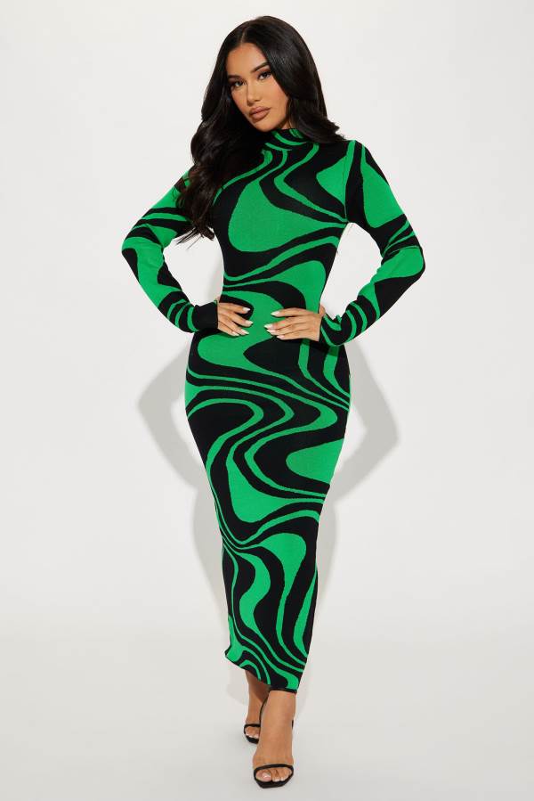 Black / Green Fashion Nova Azaria Sweater Midi Women Dress USA | 736925SKC