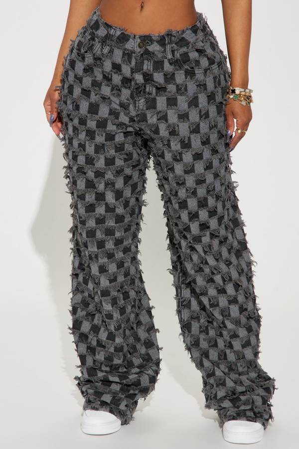 Black / Grey Fashion Nova From The Start Checkered Baggy Women Jeans USA | 902713JRW