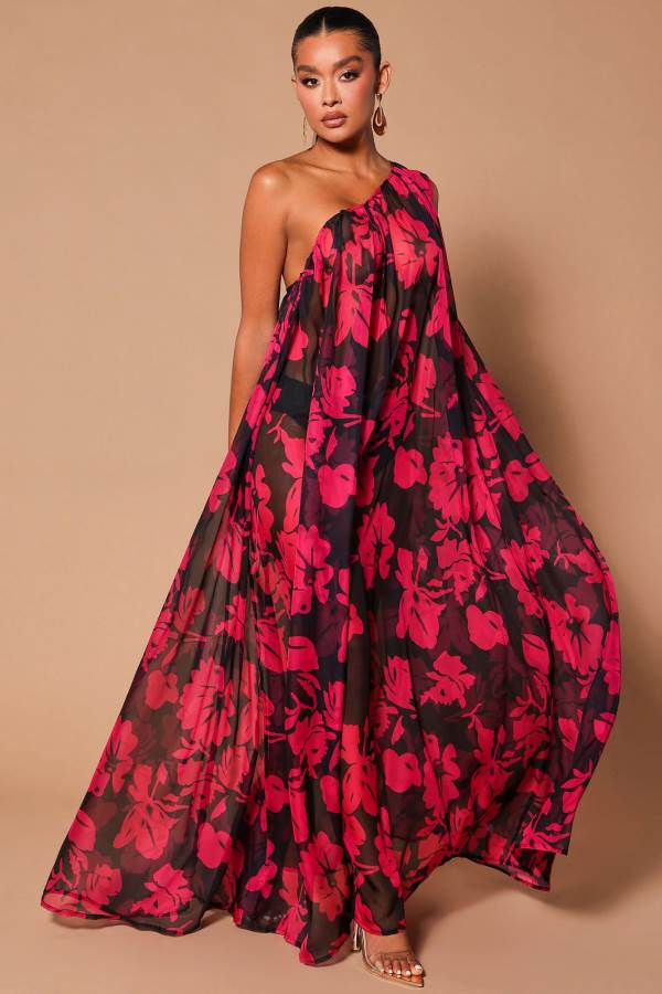 Black / Pink Fashion Nova Rosalia Chiffon Maxi Women Dress USA | 739180OZG