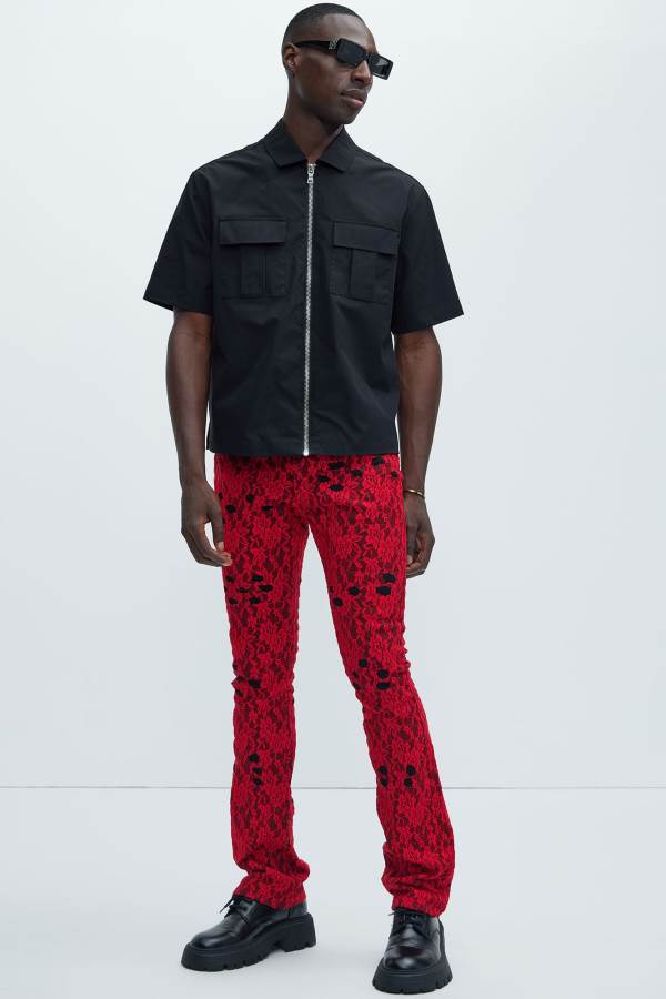 Black / Red Fashion Nova No Trace Just Lace Stacked Skinny Flare Men Pants USA | 512976ZWT