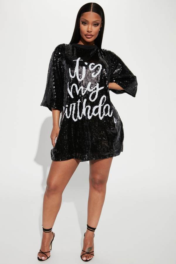 Black / Silver Fashion Nova Birthday Queen Sequin Shirt Women Dress USA | 750912IHG