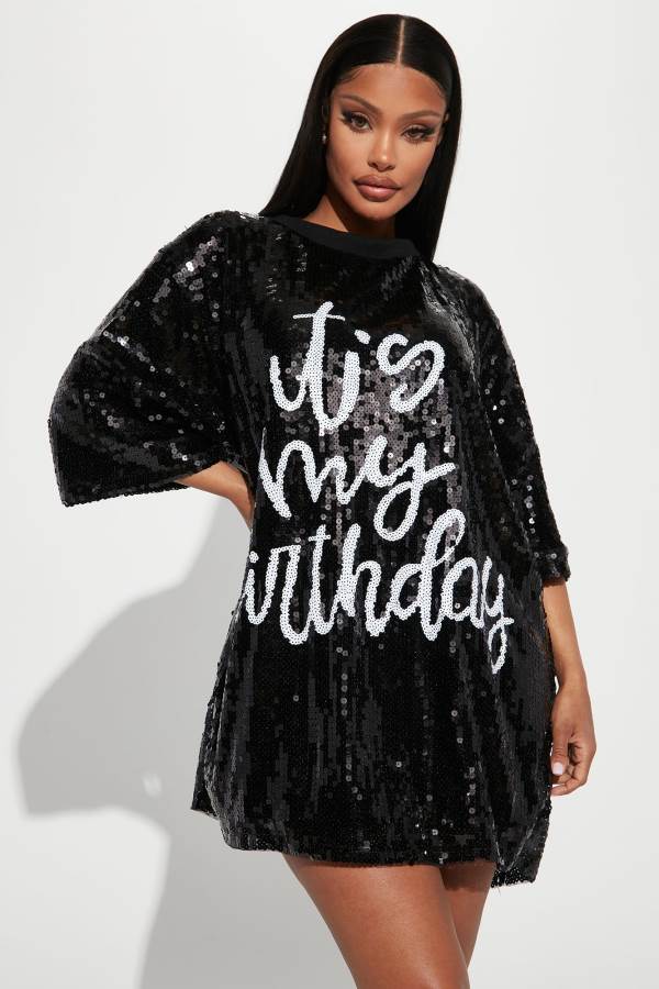 Black / Silver Fashion Nova Birthday Queen Sequin Shirt Women Dress USA | 750912IHG