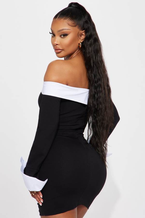 Black / White Fashion Nova Alice Off Shoulder Mini Women Dress USA | 918476NDM