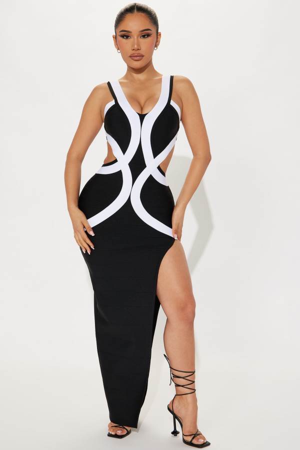 Black / White Fashion Nova Jocie Bandage Maxi Women Dress USA | 985376REP