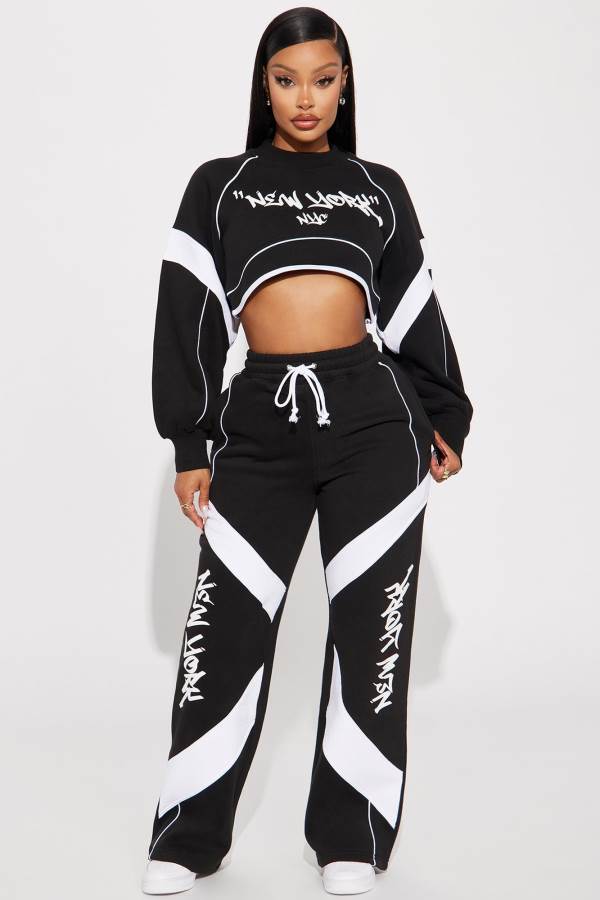 Black / White Fashion Nova New York Baddie Wide Leg Women Pants USA | 821645OQS