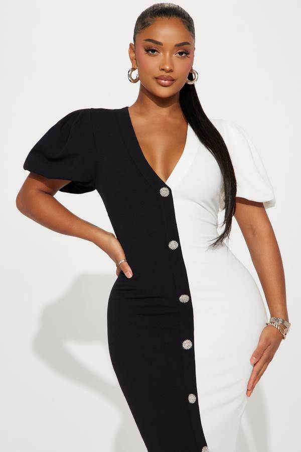 Black / White Fashion Nova Perfect Illusion Crepe Maxi Women Dress USA | 078463GWH