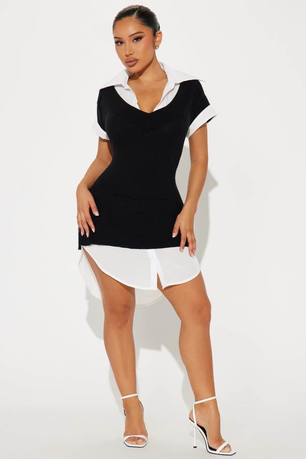 Black / White Fashion Nova Tali Button Up Sweater Mini Women Dress USA | 640572KRV