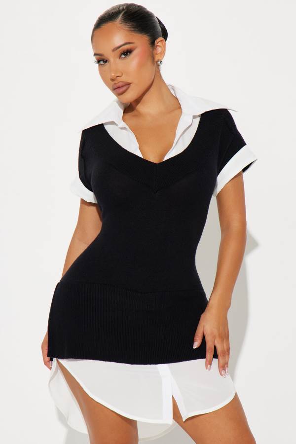 Black / White Fashion Nova Tali Button Up Sweater Mini Women Dress USA | 640572KRV