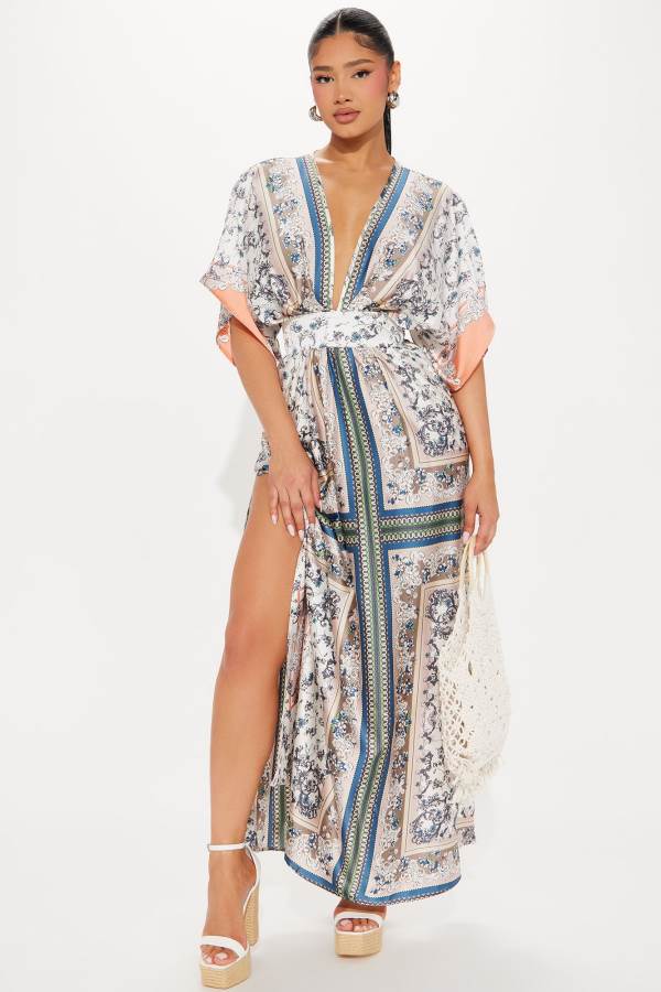 Blue Fashion Nova Ashley Satin Kaftan Maxi Women Dress USA | 769305JXC