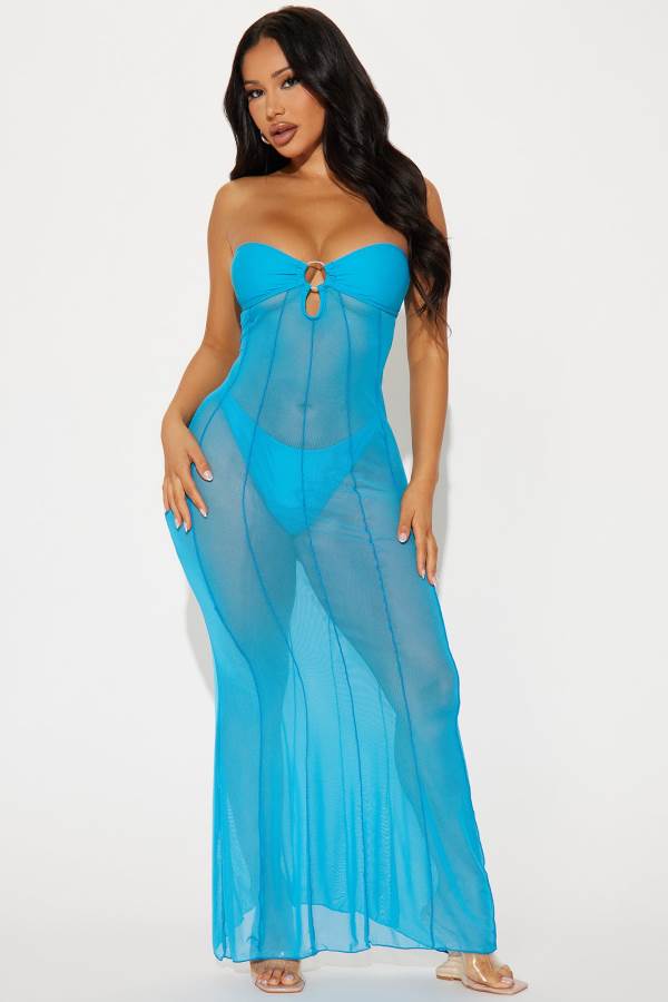 Blue Fashion Nova Avalon 2 Piece Mesh Cover Up Maxi Set Women Dress USA | 518709POV