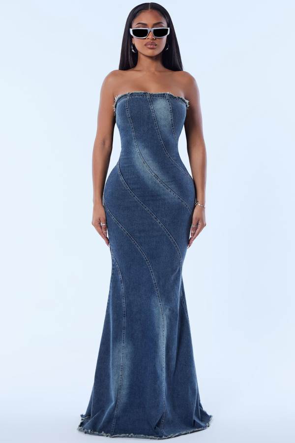 Blue Fashion Nova Dana Denim Maxi Women Dress USA | 305798BHS